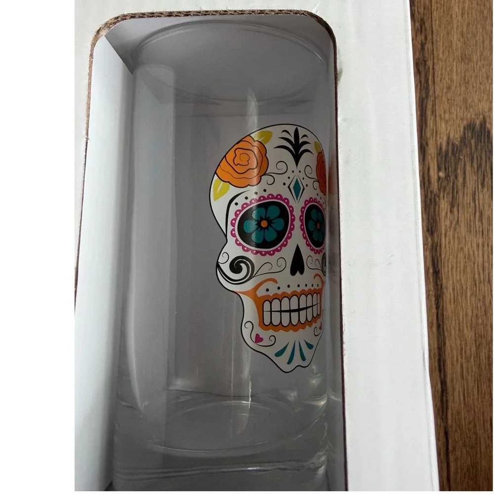 Paper Source Sugar Skull Glasses Set of Four 8 oz Dia de los Muertos Tumbler New